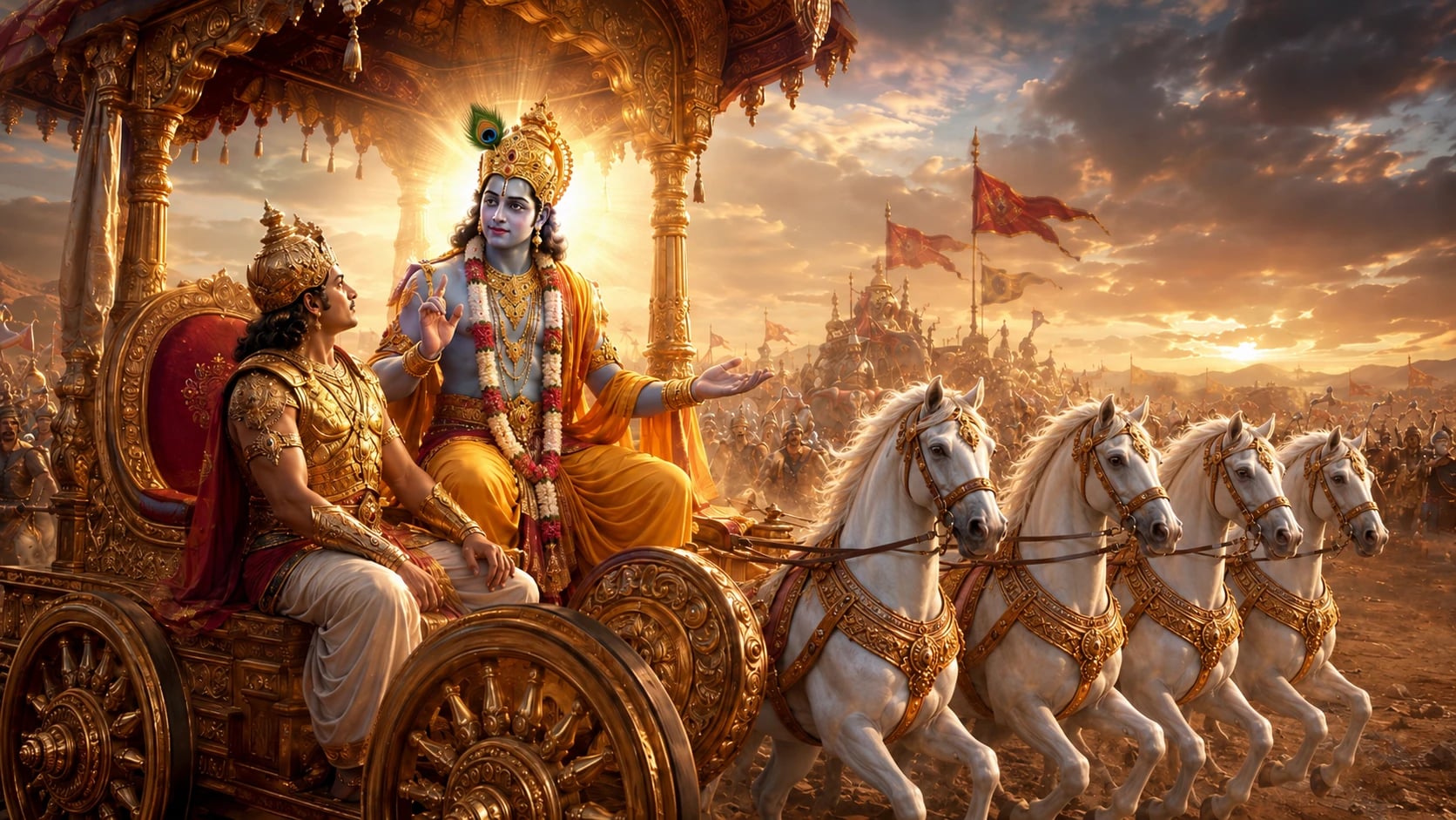 Krishna and Arjuna on the chariot at Kurukshetra