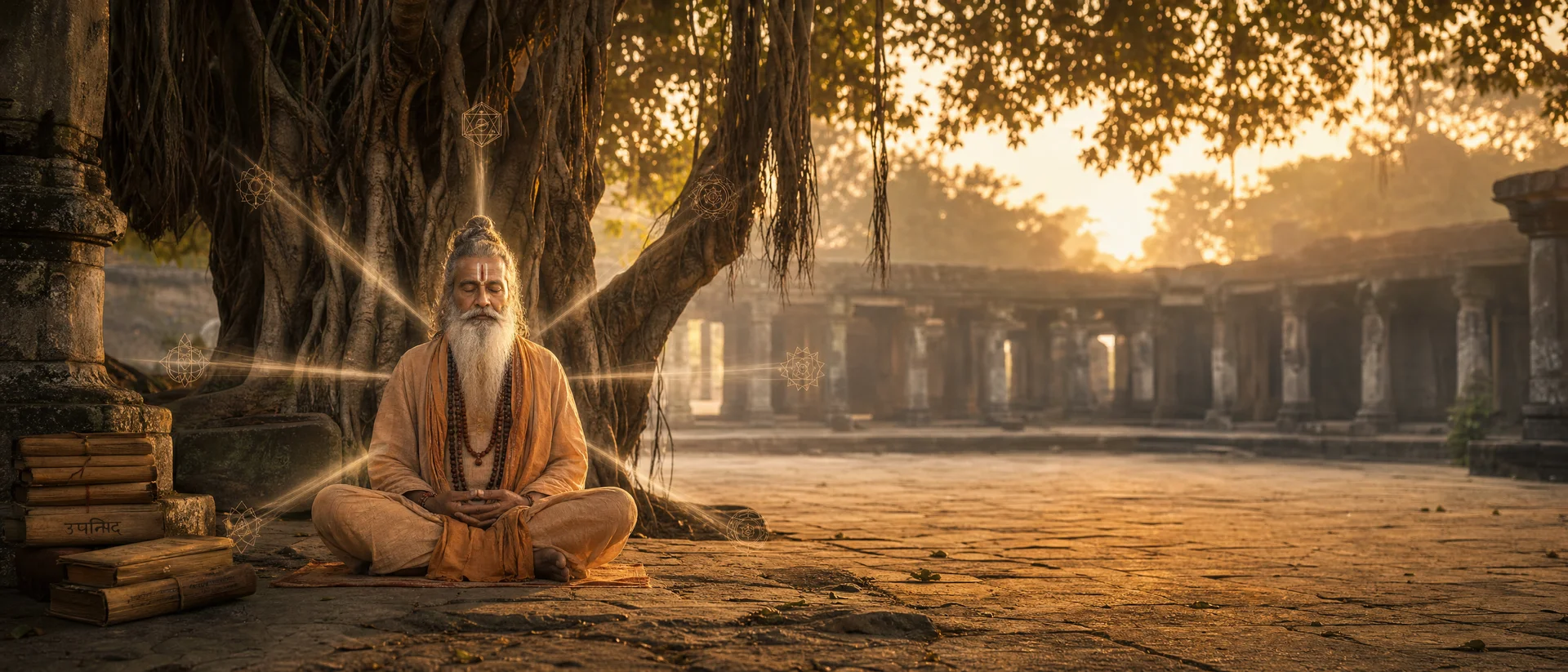 A sage in meditation beneath a banyan tree at dawn, six subtle paths of insight radiating outward — the Darshanas