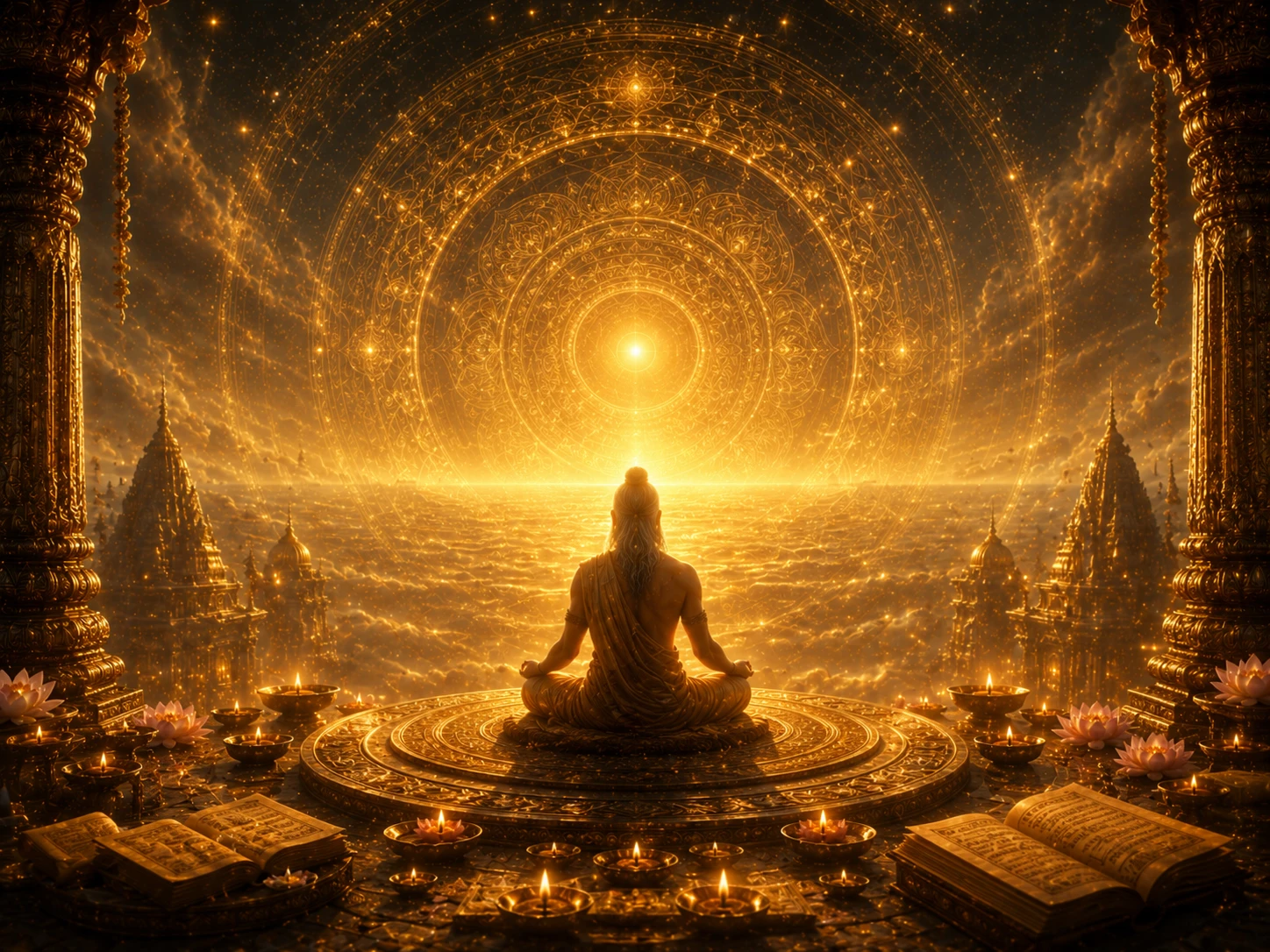 Abstract representation of non-duality showing individual consciousness merging with infinite Brahman, golden light dissolving boundaries