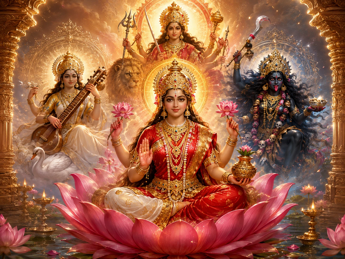 Composite image of the Goddess in multiple forms -- Durga on lion, Kali with garland, Lakshmi on lotus, Saraswati with veena -- radiating from a central Bindu