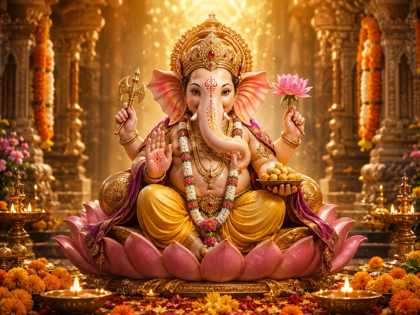 Ganesha seated in a meditative pose with each symbolic element highlighted -- trunk, broken tusk, modak, mouse, big belly, large ears
