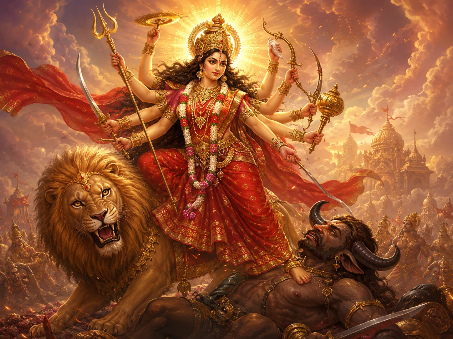 Goddess Durga astride her lion, wielding weapons from all the gods, in battle with the buffalo demon Mahishasura