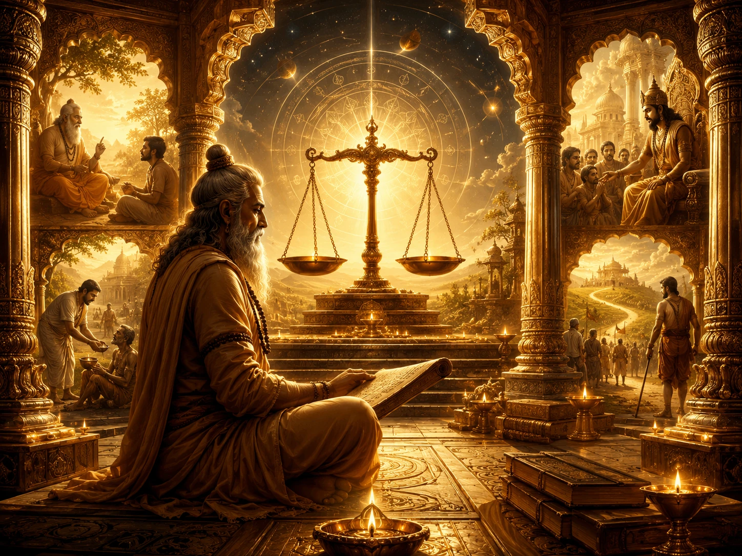 Four luminous Sanskrit sentences radiating from the four Vedas, converging into a single point of light representing Brahman